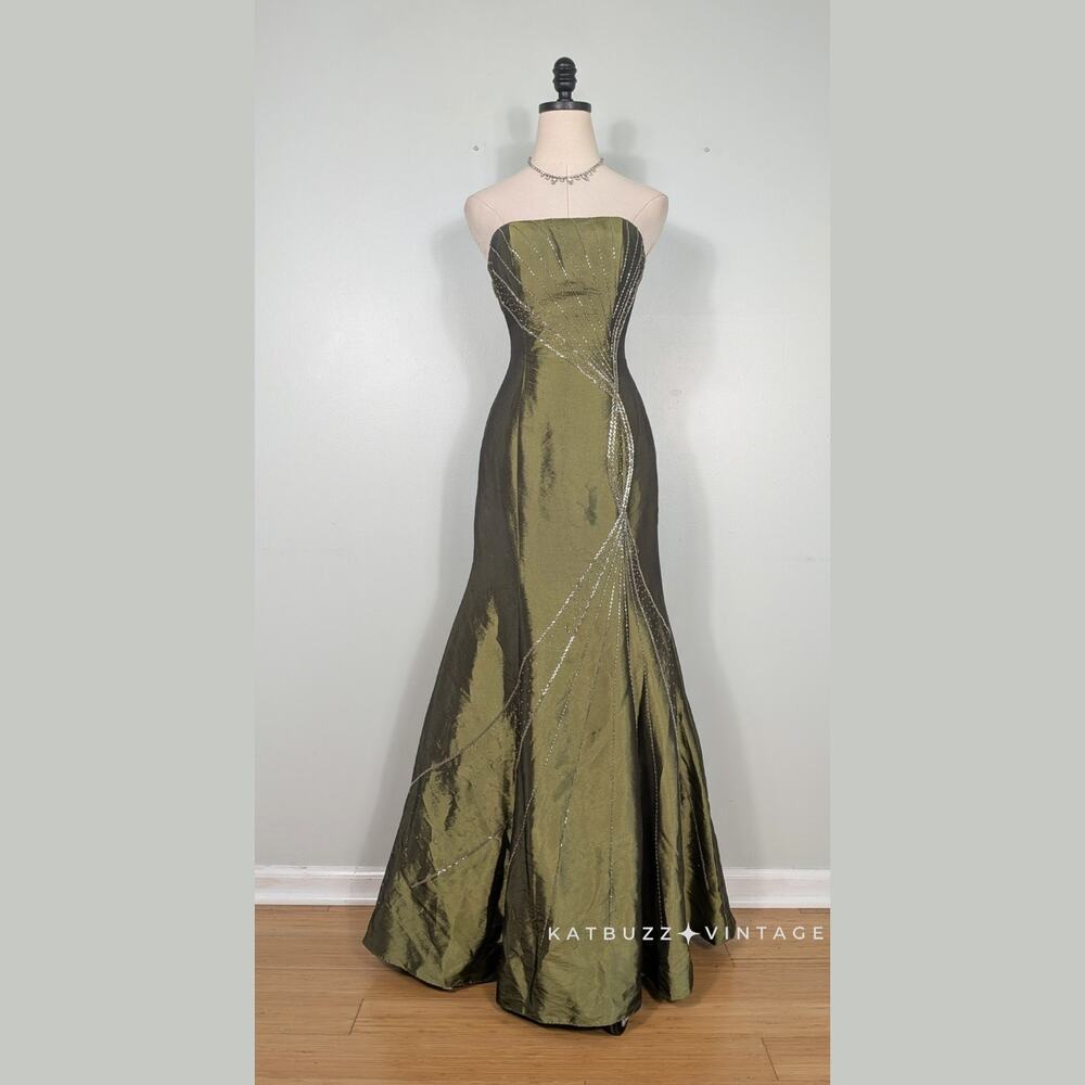 Vintage Prom Dress Maxi Gown XS Olive Green Strapless Y2K Glam Bead Princess